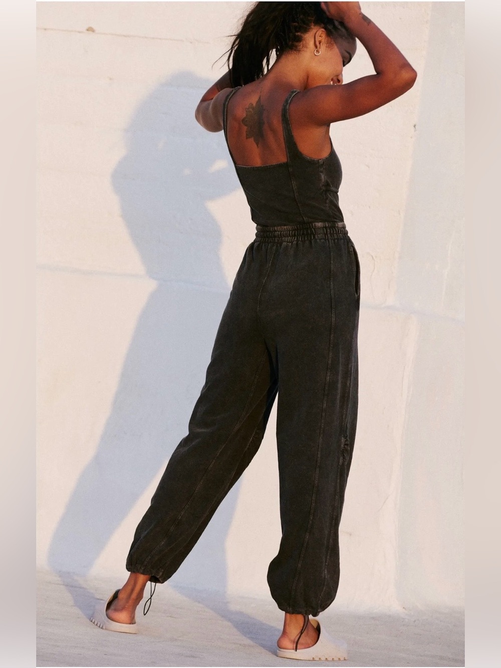 Free People Washed Black Wide-Leg Cotton Jumpsuit - Picture 8 of 9